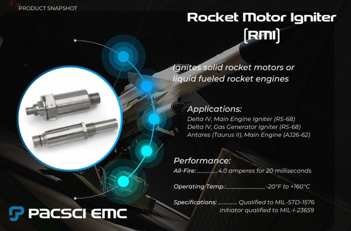 spacetecheuro's tweet image. #Pyrotechnic solutions for #rocket motors ignition and engine starting! Pac Sci EMC offer specific thrust &amp;amp; burn solutions with their pyro igniters for #rocket motors and provide ground safety during vehicle #launch ! #space #satellite