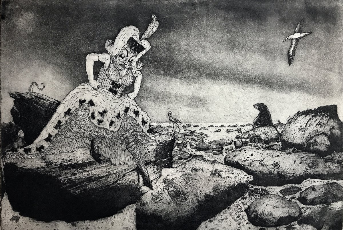 timsouthallart's tweet photo. ‘Drag Queen On The Rocks’ is a newly finished narrative etching which I like to think references a number of themes I have explored over the years. #dragqueen #stilletto #rocks #wigs #bows #pearls #feather #frock #crinoline #fishnets #BigArtBoost #draw2live #Draw365 #ArtsDay https://t.co/ZjHsMQwOyn