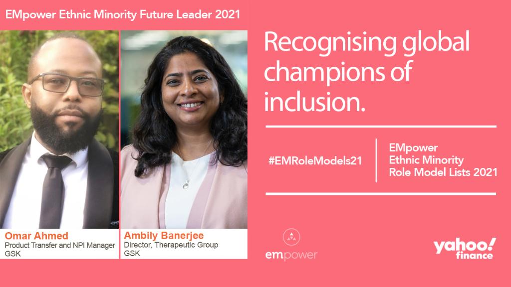 Congratulations to Ambily and Omar for being named as Ethnic Minority Future Leaders in the <a href="/EMpoweriB/">Empower</a> #EMRoleModels21 list for the second year ✨. The lists by <a href="/INvolvePeople/">INvolve</a> celebrate role models in business driving the charge for inclusion. 👏 gsk.to/3fdriQe