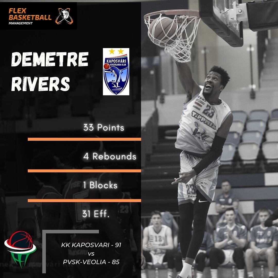 Last day at the office and season high 33-bomb by @bgmeech_23 in Kaposvári Kosárlabda Klub Kft win over @PVSKPanthers ! What a season by Rivers 🔥 Excited to see whats next. 🏀🔥🇭🇺
