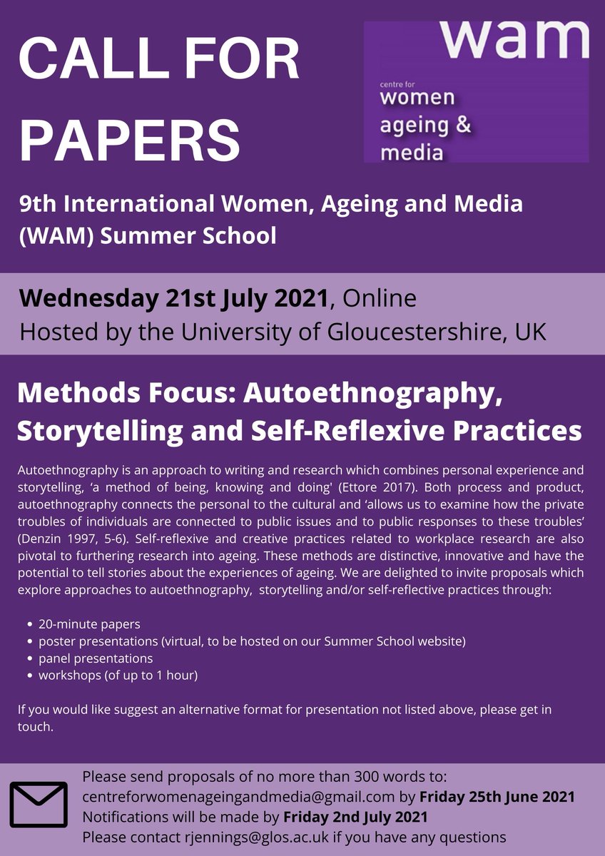 🚨Excited to announce our Call for #WAMSummerSchool 2021! Our theme is #autoethnography, #storytelling and #selfreflexive practices. Running online &amp; open to #PGR, #ECR and established academics alike! Come and join us! Deadline for abstracts 25/06 🚨tinyurl.com/ypzs75ct