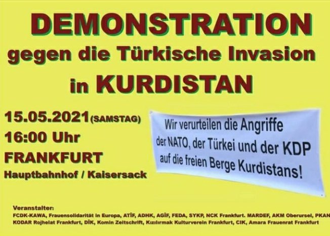 Am Samstag findet in #Frankfurt eine Demonstration gegen die türkische Invasion in Kurdistan statt. Beginn ist um 16 Uhr am Kaisersack. #ffm1505