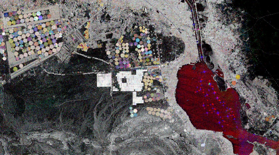chematografo's tweet photo. #Sentinel1 Multitemporal Composite image near Suez Channel (March/April/May). Intense activity both in channel and nearby croplands #SAR. Data from @CopernicusEU @sentinel_hub. 

Can you find #Evergiven container ship in 'April band'? https://t.co/LMMwjqAezN