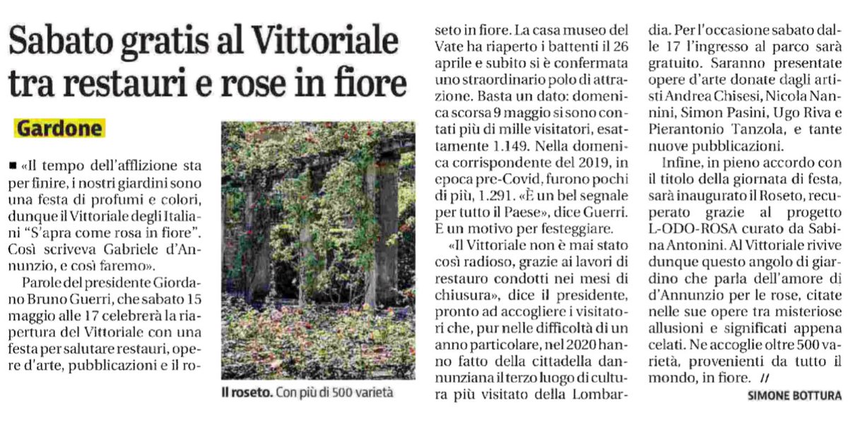 vittoriale's tweet photo. Per “S’apra, come rosa in fiore” sabato dalle 17 l’ingresso al parco sarà gratuito.
Saranno presentate nuove opere d’arte e nuove pubblicazioni.
Infine sarà inaugurato il Roseto, recuperato grazie al progetto @L_ODO_ROSA: accoglie oltre 500 varietà, provenienti da tutto il mondo. https://t.co/9ilqM7GYjl