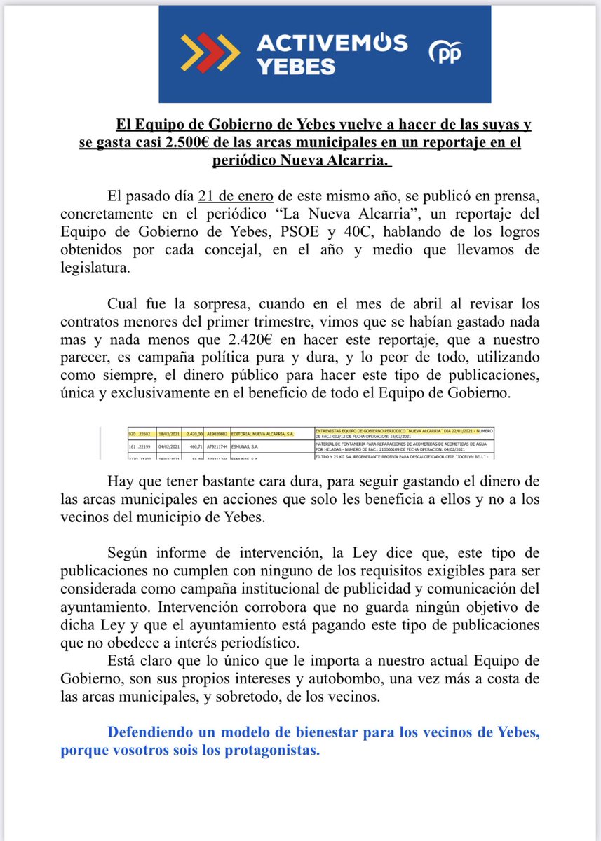 El Equipo de Gobierno de Yebes PSOE/40C sigue gastando el dinero de las arcas públicas en intereses propios.