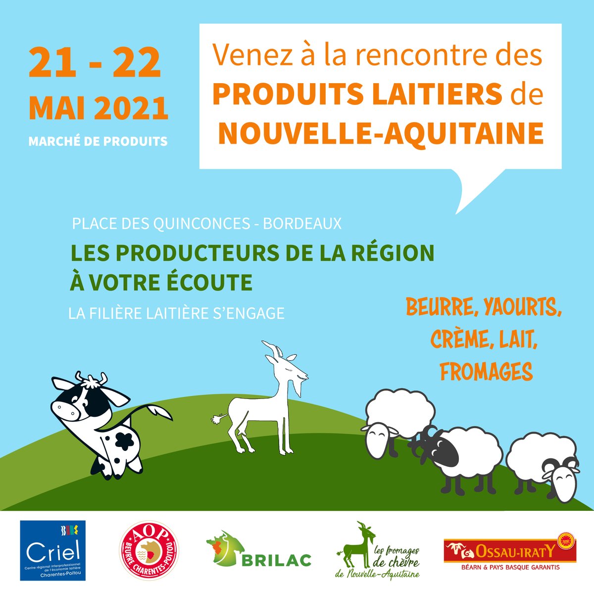 Caprinov's tweet image. Les produits laitiers de Nouvelle-Aquitaine vous donnent rendez-vous les 21 et 22 mai à Bordeaux. Les producteurs seront là pour vous faire découvrir et déguster leur produits.
#produitslaitiers