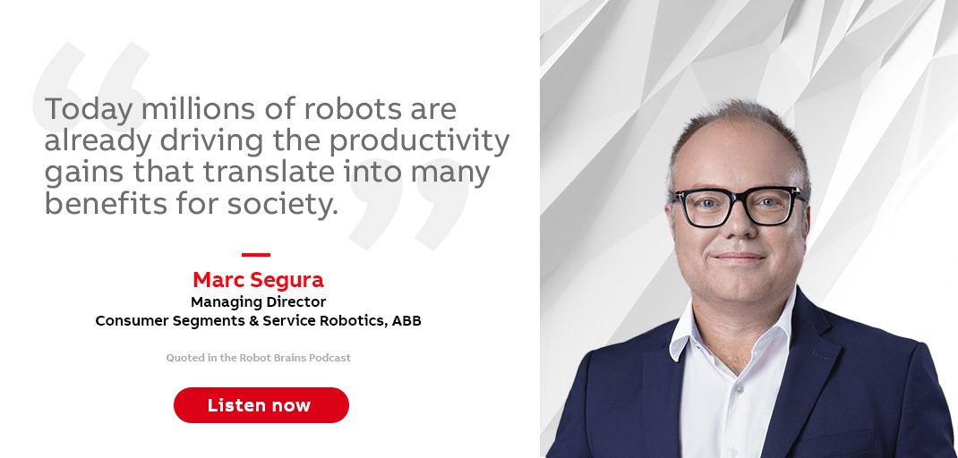 ABBRobotics's tweet photo. In the latest episode of @therobotbrains #podcast, Marc Segura, Managing Director Consumer Segments &amp; Service Robot, discusses "What are #robots doing to make the world a better place today?"  Listen and catch up on previous episodes.
Spotify: https://t.co/zmXV449oqt https://t.co/EDCfbFADa1
