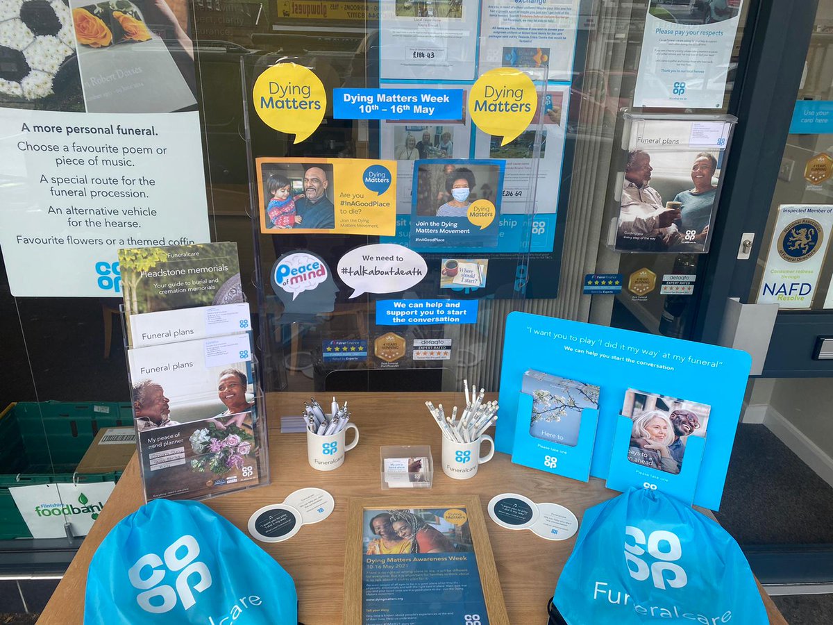 The wonderful team at #ConnahsQuay in #Deeside are marking #DyingMattersWeek with this fantastic display to spark the conversations within the community! Great work <a href="/TracySJones1981/">Tracy Sankey- Jones</a> #ItsWhatWeDo <a href="/DanStev69318579/">Dan Stevenson</a> <a href="/MacLennanNic/">Nic MacLennan</a> <a href="/CoopFuneralcare/">Co-op Funeralcare</a>