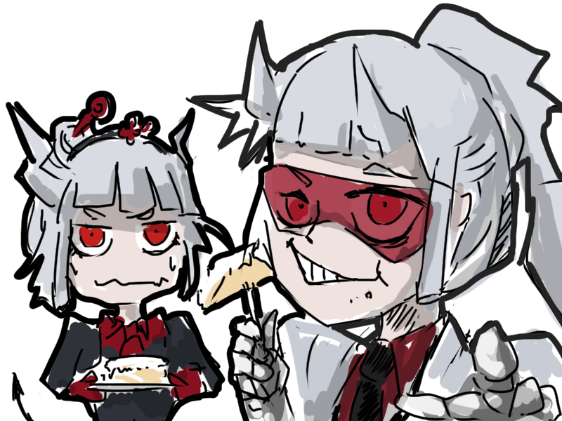 lucifer (helltaker) multiple girls 2girls horns food tinted eyewear red shirt goggles  illustration images