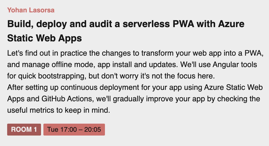 simplewebconf's tweet photo. And here comes our second workshop announcement!! @sinedied, Senior Developer &amp; Cloud 🥑 @Microsoft will run "Build, deploy and audit a #serverless #PWA with Azure Static Web Apps" on 22nd June! 

And as for all workshops, spots are limited! Book here : https://t.co/gcLB7HsRmi https://t.co/QXqIm57NbH
