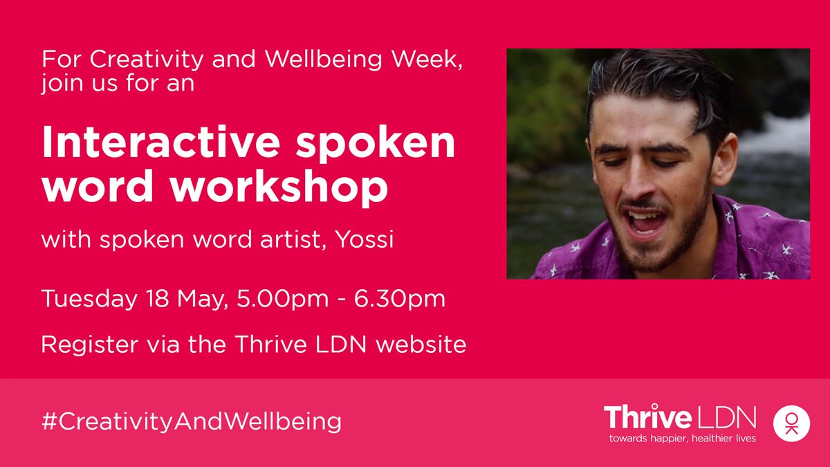 Next Tuesday, for #CreativityAndWellbeing Week, join spoken word artist <a href="/YGoodlink/">Yossi Spoken Word</a> for a free interactive workshop, which will show you that poetry isn’t stuck to the traditional formats you think it is.

🗓️ Tuesday 18 May, 5.00pm - 6.30pm

ℹ️ &amp;🎟️ thriveldn.co.uk/campaigns/caww…