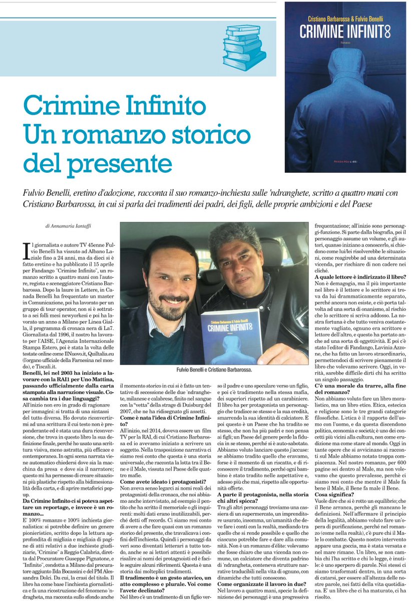 FandangoLibri's tweet photo. Un romanzo storico del presente. 

Sul #Tiburno Annamaria Iantaffi ha intervistato @FulvioBenelli su @CrimineInfinito scritto con @crisbarbarossa. https://t.co/f5fsDNVeKM