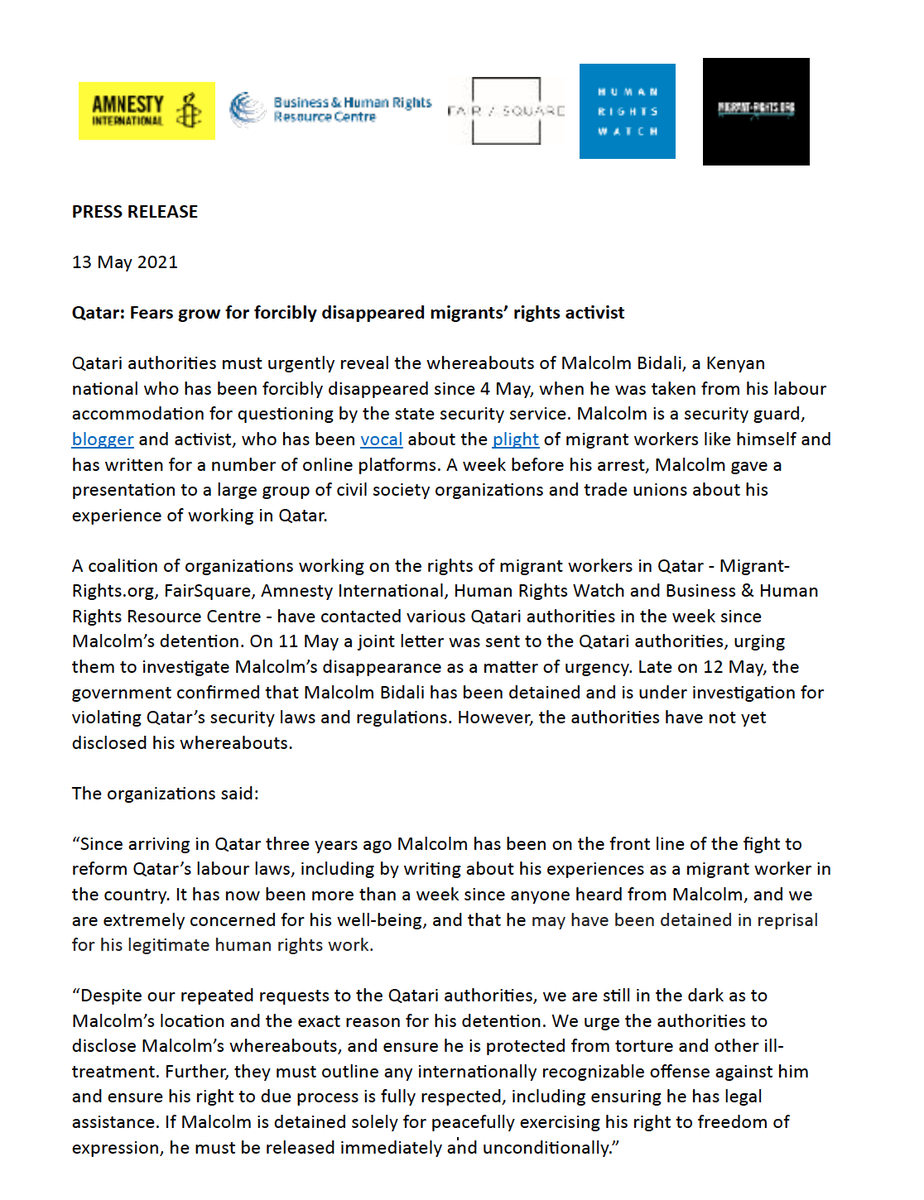 MigrantRights's tweet photo. A coalition of organisations has urged Qatari authorities to urgently reveal the whereabouts of Malcolm Bidali, a Kenyan national who has been forcibly disappeared since 4 May, when he was taken from his labour accommodation for questioning by the state security service. https://t.co/I02ilviHtt