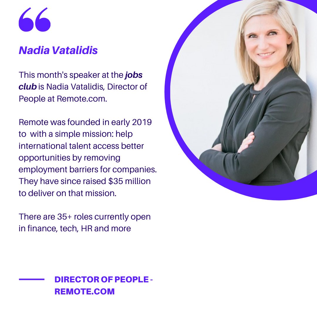 This month's job club is one not to be missed, and it's tonight! 

Our company speaker is Nadia Vatalidis, Director of People at @Remote with 35+ roles open currently in finance, tech, HR and more: eventbrite.ie/e/grow-remote-…