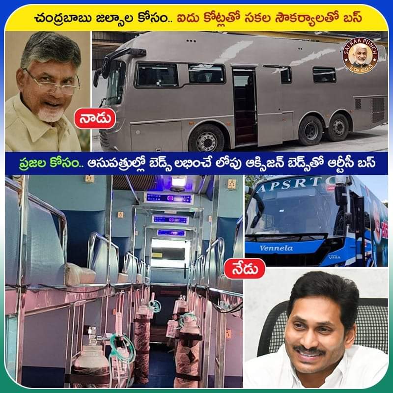 చంద్రబాబు జల్సాల కోసం 5 కోట్లతో సకల సౌకర్యాలతో బస్......   #CrookedBabu

ప్రజలకోసం ఆసుపత్రుల్లో బెడ్స్ లభించే లోపు ఆక్సిజన్ బెడ్స్ తో ఆర్టీసీ బస్ 
#CredibleYSJagan