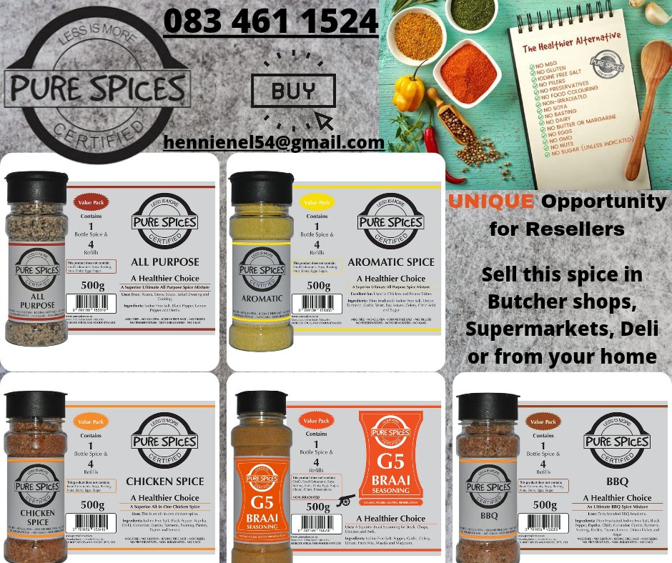 XueleeMarketing's tweet image. Are you the owner of a butchery, supermarket, deli or selling from your home, UNIQUE PRODUCTS, (Pure Spices) no MSG, IODENE, GLUTEN or PRESERVATIVES. Quality spices that is new in the market
hennienel54@gmail.com 
0834611524
 #purespice #noadd #resellers #southafrica