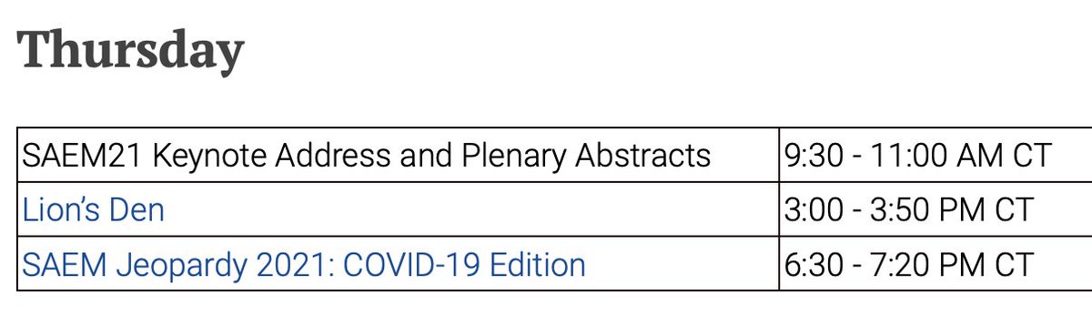 #SAEM21 - Live-streaming Schedule
https://t.co/imeLHbvLc6  

Meetings & Events are in Central Time. https://t.co/hPLxYiVZs4