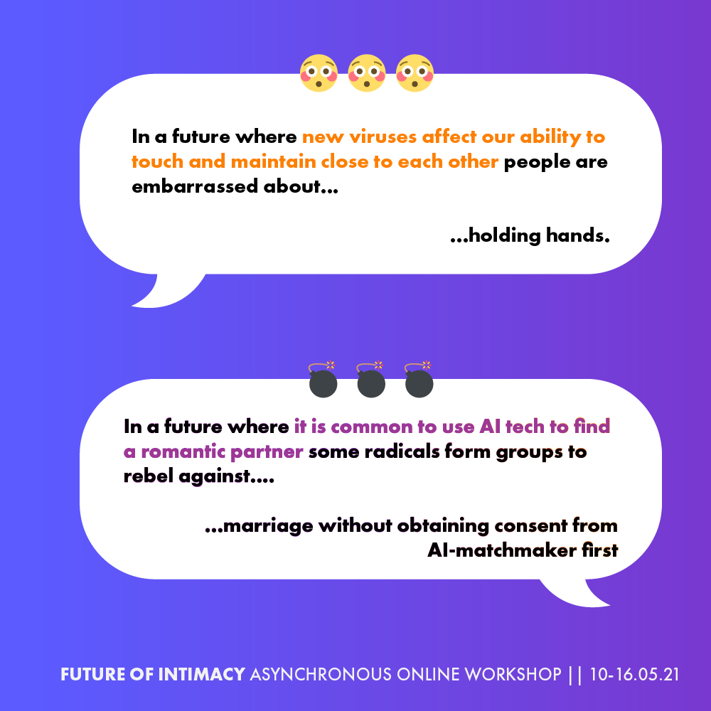 Futures_THague's tweet photo. Have you checked out our 'Future of Intimacy' workshop yet?✨Below you can see some thoughts shared with us already. Curious for more? Check out the event and join us in GatherTown!👉 https://t.co/XwKnZyKA41 https://t.co/NkL6ngcsXq