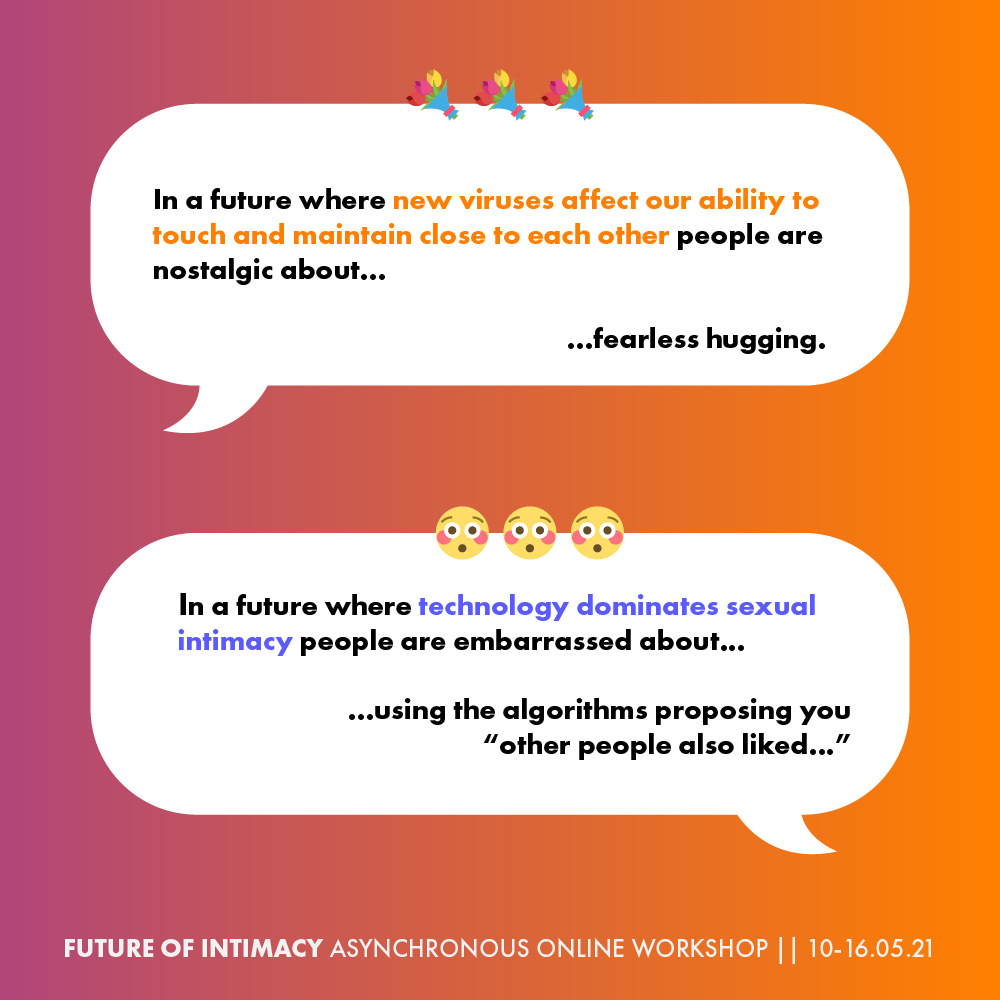 Have you checked out our 'Future of Intimacy' workshop yet?✨Below you can see some thoughts shared with us already. Curious for more? Check out the event and join us in GatherTown!👉 meetup.com/nl-NL/Speculat…