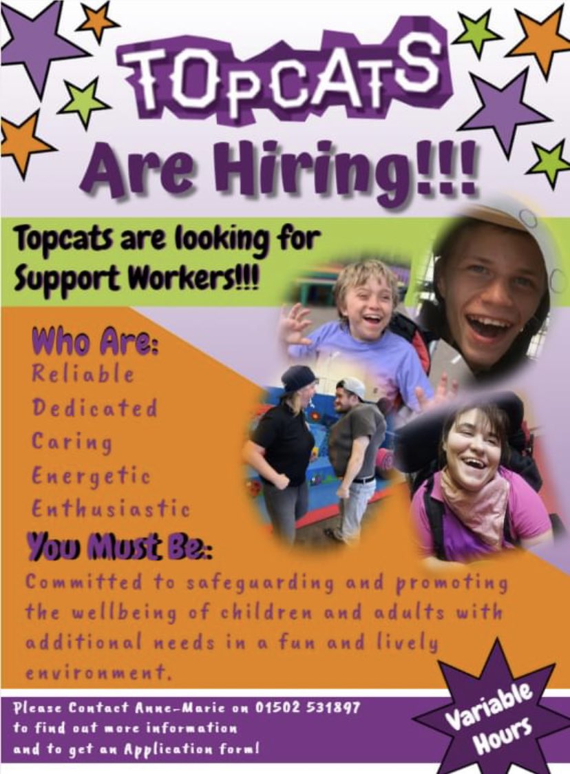 Topcats2016's tweet image. 📣Topcats are Hiring!📣

◾We’re looking for Support workers to join our committed/energetic team.
◾If you’d love an opportunity to work with some inspiring children and YP this might be for you!!

➡️Contact Anne-Marie on 07919207771 for more info/get an Application Form.
💜🧡💚