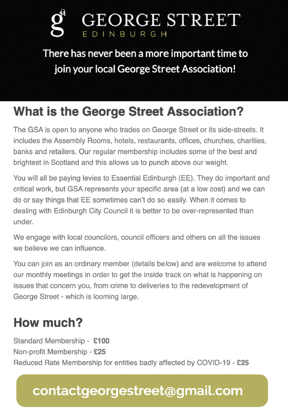 Calling all residents and businesses in George Street, Edinburgh, to contact us and join our Association. Details below: