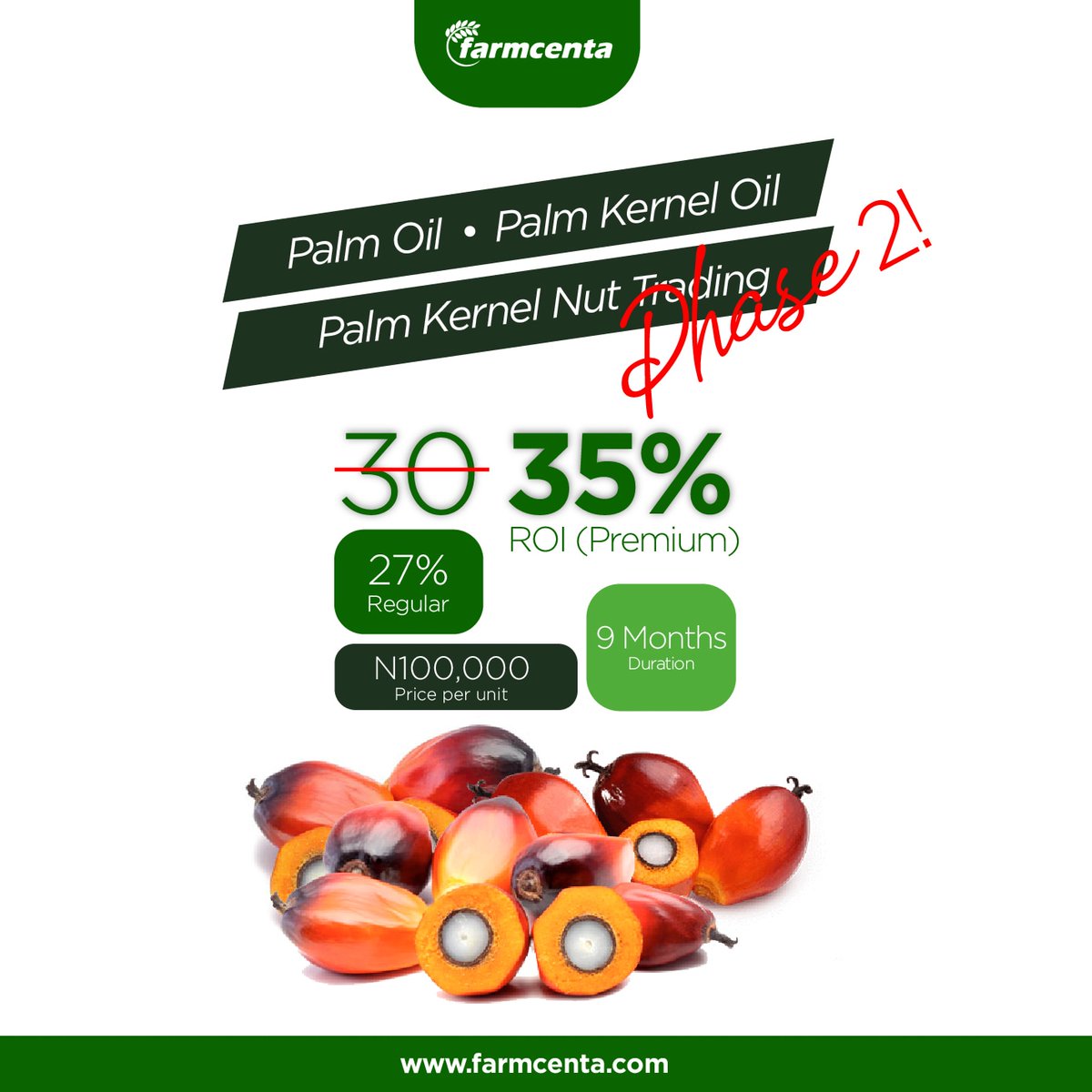 farmcenta's tweet photo. The phase two of our oil palm chain is here!! 

Because of the the lucrative nature of this venture and in the sprit of the holiday, 
You get 27% ROI when you invest in 1 unit. Investing in 10units gives you 35%ROI no more 30%

Visit us on
https://t.co/cR8JyZD7jt for more info https://t.co/WecRl44kbc