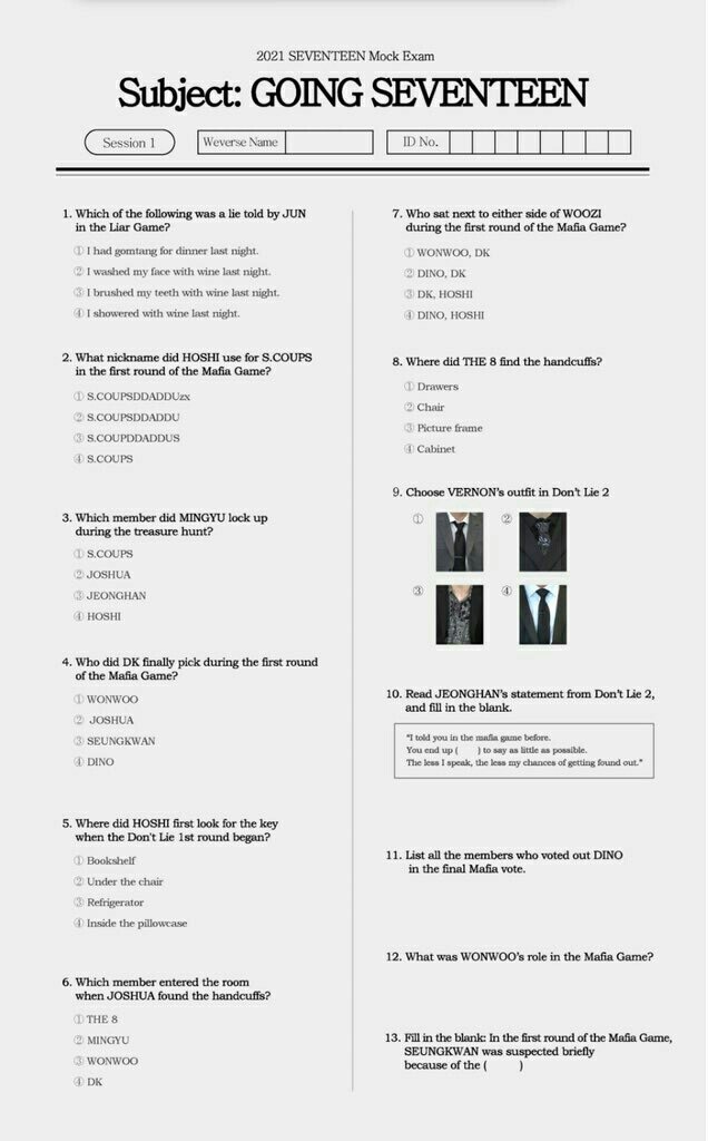 miss_svtmafia's tweet photo. post your answers on weverse with the hashtag #GOING_EXAM
*you can either type the answers on the caption then attach the answer sheet or write the answers itself on the answer sheet
*it wasn't mention that it's for members only
😉:https://t.co/GbW4KZKFtN https://t.co/JanoVmbEEC