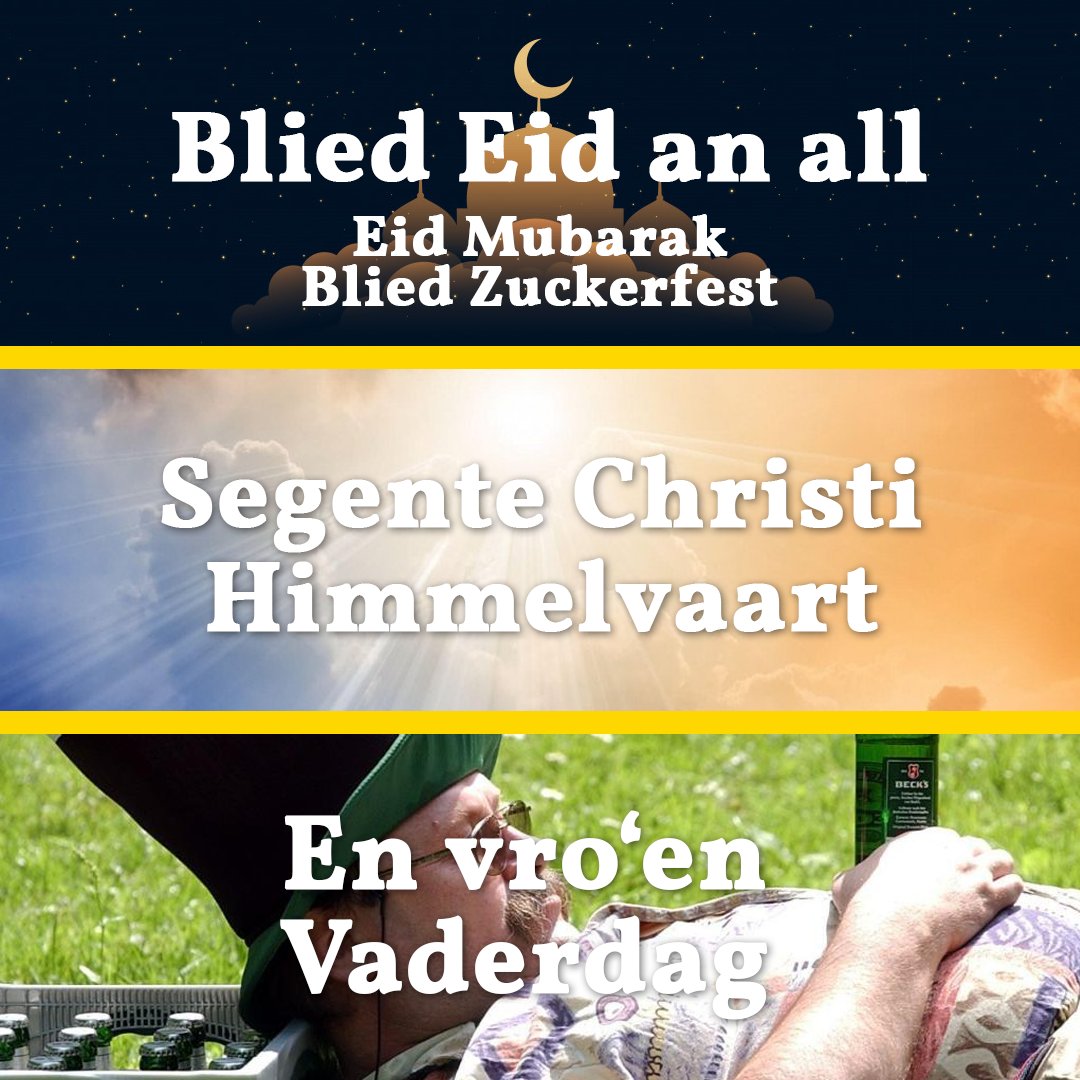 Glieks dree hillige Vierdaag an een Dag 😱 

#EidMubarak #zuckerfest #ChristiHimmelfahrt #AscensionDay #himmelfahrt #fathersday #vatertag #platt #plattdüütsch #plattdütsch #plattdeutsch #niederdeutsch #nedderdüütsch #neddersassisk #lowsaxon #lowgerman #plattfoorm