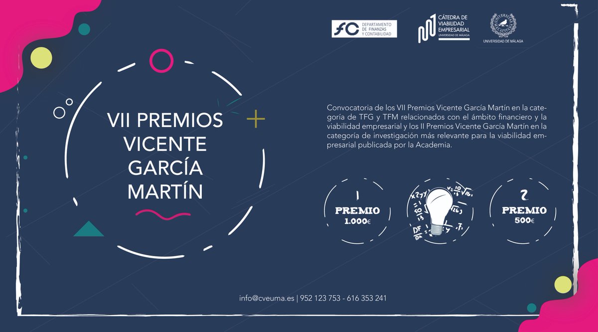 La <a href="/Cat_Viabilidad/">Cátedra de Viabilidad Empresarial de la UMA</a> de la <a href="/InfoUMA/">Universidad de Málaga</a> convoca los II #PremiosVicenteGarcíaMartín en la categoría de #investigación más relevante para la viabilidad empresarial publicada por la Academia.
✍️Bases➡️ catedradeviabilidadempresarial.com/premios-vicent…