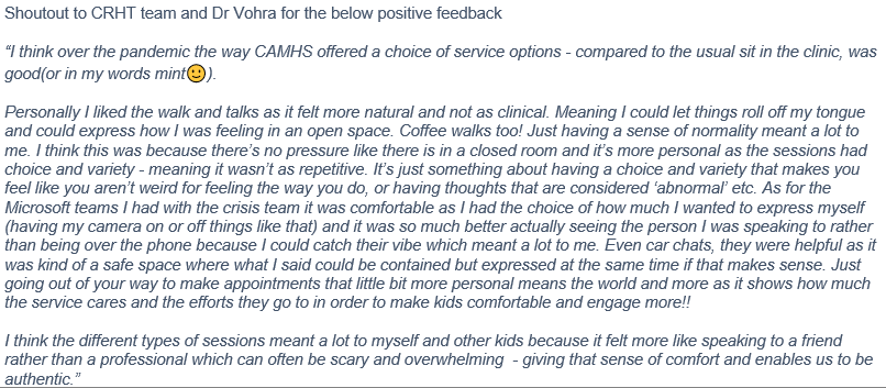 CamhsNotts's tweet photo. @NottsHealthcare Great feedback for the Crisis Team and Dr Vohra 👏👏👏👏🚶🚶‍♂️🚶‍♀️👊🌻🌞 #MentalHealthAwarenessWeek https://t.co/7CQdReaVFk