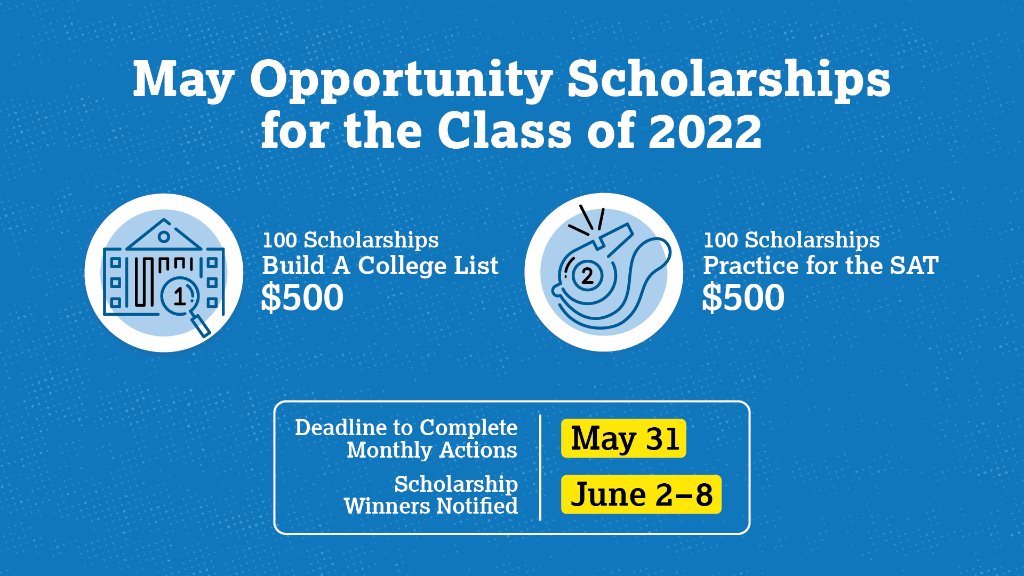 OfficialSAT's tweet photo. #Juniors can qualify for #OpportunityScholarships this month by:
💰 building a college list
and/or
💰 practicing for the SAT on @khanacademy.
https://t.co/dSJiKLPjJQ https://t.co/lrEyBeEVxb