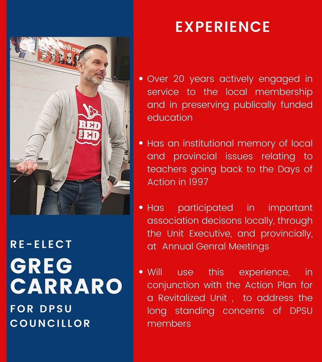 BrandonECook's tweet photo. DPSU members, voting for Greg Carraro is voting for someone that has dedicated their entire career to genuine advocacy. Vote Greg for Councillor! https://t.co/MITgIgSNQg