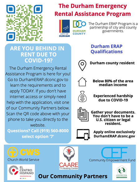 Durham Emergency Rental Assistance Program with LINK TO APPLY
To apply, dcoprod.servicenowservices.com/cares