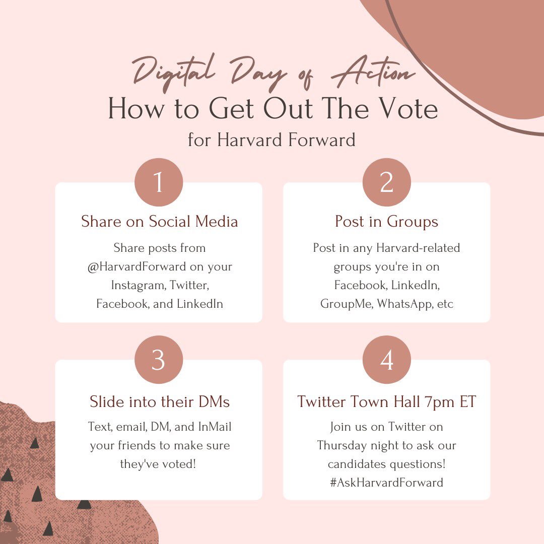 HarvardForward's tweet photo. 📣Digital Day of Action!📣
With 5 days left in the election, can you help us spread the word?
Post about Harvard Forward today on all platforms using #HarvardForward, share in Harvard-related groups, text your friends, and join us tonight for a candidate town hall on Twitter! https://t.co/HFjkccmW4V