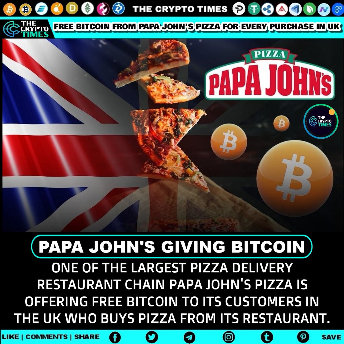 TheCryptoTimes5's tweet photo. Free Bitcoin From Papa John's Pizza For Every purchase In UK. 💸📈💰

🔔Turn on Post Notifications 🔔

#cryptocurrency #btc #bitcoin #bitcointrading #papajohnspizza #papajohns #buybitcoin #blockchaintechnology #cryptowallet #doge #dogecoin #thecryptotimes https://t.co/mWrRzMDvHY