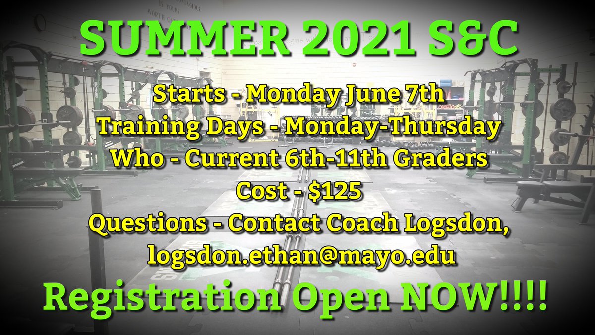MayoSpartansPwr's tweet photo. The best time of the year has come!!! Get registered now!! Please email me with any questions. Registration can be found on the athletics website homepage, https://t.co/8GyRsxoLs0 #WAM #TheAgoge #SweetStuff #Gainz #SummerSwell #Grind #Speed #buffbros #gymgirls #nodaysoff https://t.co/9ZTP6wmvr0