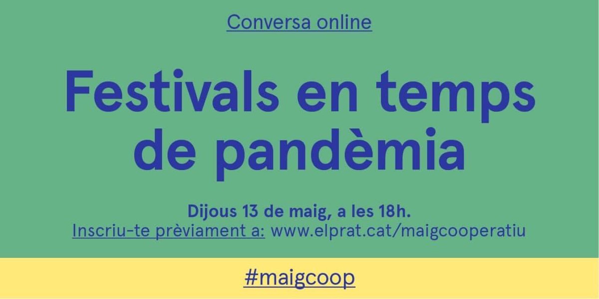 En una estona parlem sobre FESTIVALS EN TEMPS DE PANDÈMIA. Ens sumem a aquesta conversa online, organitzada per @elprateconomia 🙌

📅13/05
⏰18h
✍️ bit.ly/festivalsenpan…​

@EsperanzahWMF <a href="/CMusicaManresa/">Casa de la Música a Manresa</a> <a href="/festadelriu/">Festa del Riu</a>  <a href="/cultura21sccl/">@Cultura21sccl</a> <a href="/LiteralBCN/">Fira Literal</a> <a href="/FesPlusChapeau/">Fes+Chapeau i la Carpa Revolució</a>  @konventzero