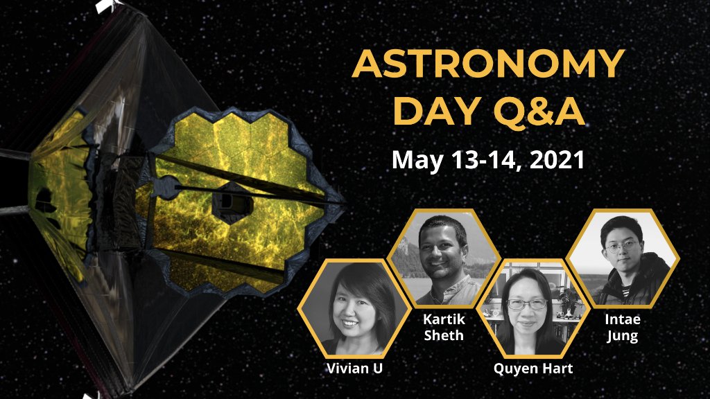 "Astronomy Day Q&A, May 13-14, 2021." Pictured are four astronomers and the James Webb Space Telescope.