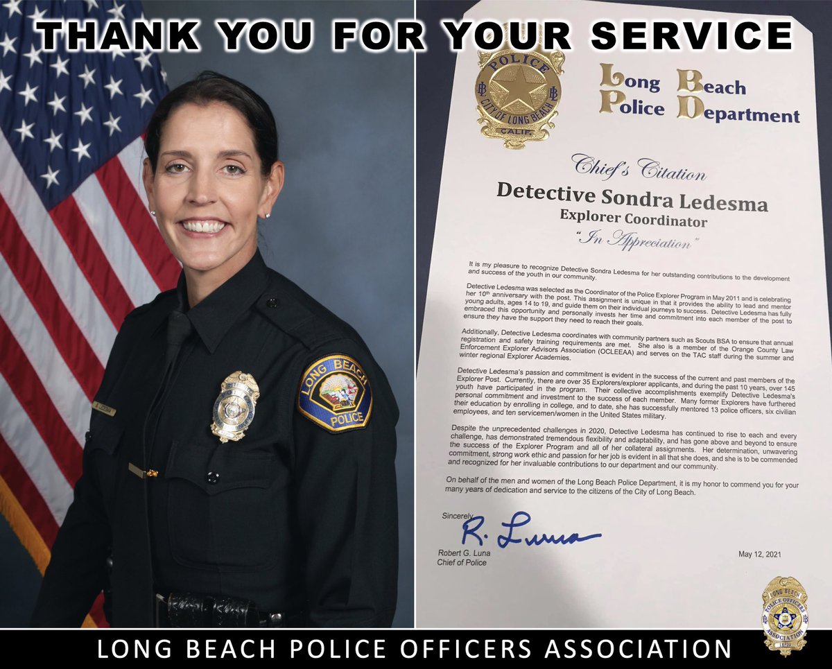 Yesterday, the department honored Detective Sondra Ledesma for her decade of work as the Coordinator for the Police Explorer Program.  She has been a tremendous leader &amp; mentor to young people and is affectionately known as “mama bear”.  Thank You For Your Service Det. Ledesma!