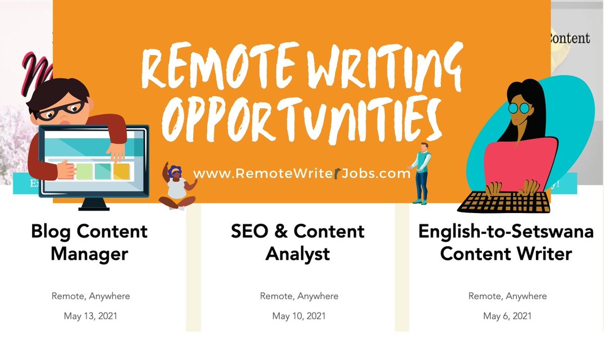 RemoteWriterJob's tweet photo. Greetings, Remote Writers! We're featuring a few unique remote writing opportunities this week. Learn more at  ===>: https://t.co/JY8sZ96LtS | Best wishes and stay safe!  #RemoteWritingJobs #WorkFromHome https://t.co/aDyTzk1Obj
