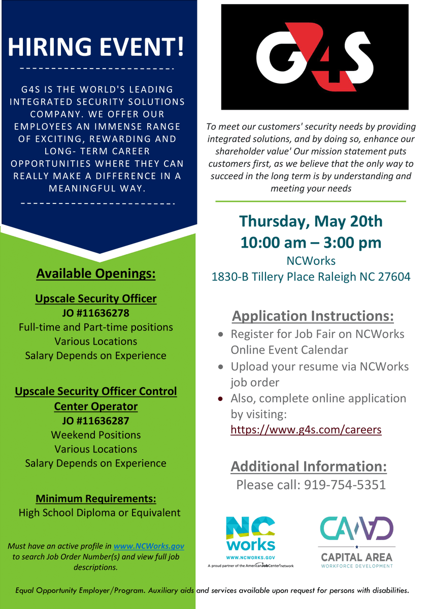 G4S Security Hiring Event
Where: NCWorks, 1830-B Tillery Pl., Raleigh, NC
Various positions in RTP, Durham, and Chapel Hill.
Use link below to register:
lnkd.in/dt5PfYK
Apply on the company website prior to the event: lnkd.in/eDZWmFt.
#securityhiringevent #NCWorks