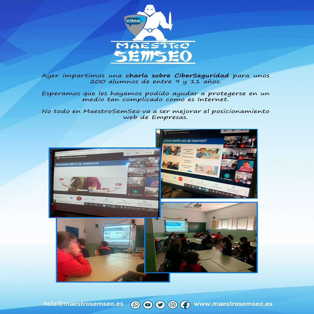 ¡Ayer impartimos una charla sobre #ciberseguridad para unos 200 alumnos, de 5° y 6 °de primaria! 👨‍🏫

Esperamos que hayamos #ayudado  a #protegerse en un medio tan complicado como Internet.

😬Gracias por confiar en nosotros, encantados de poner nuestro granito!