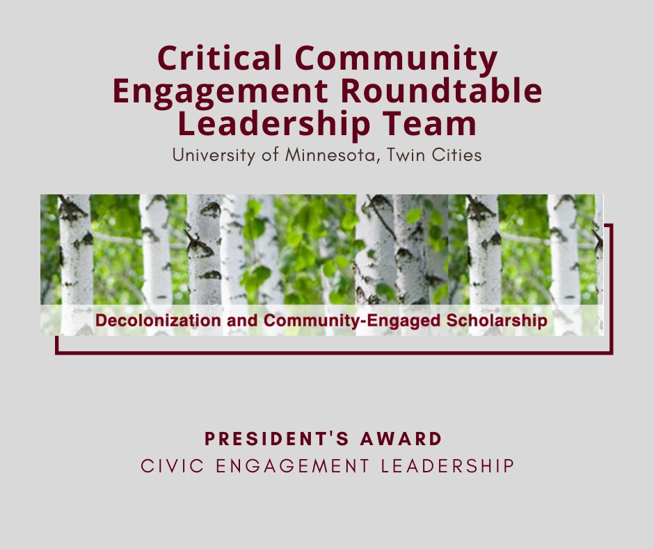 Congratulations to @UMNews' 2021 Presidents' awardee for civic leadership engagement, Critical Community Engagement Roundtable Leadership Team! Visit our website to read more about the awardees! buff.ly/3mO4724 buff.ly/3oOplwG