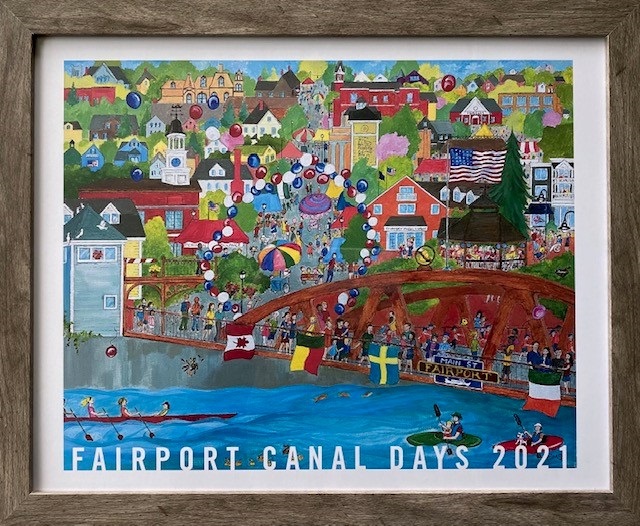 The official poster of Fairport Canal Days is “Fairport Celebrates” by Elaine M. Schmitt.

Posters may be purchased during festival hours at the Information Booth located on North Main Street. The artist will be available to sign posters from 10am-1pm both days.