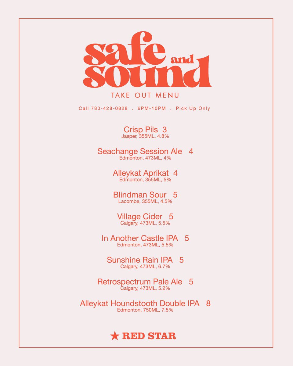 Starting today we’ll be back offering our SAFE and SOUND take out menu. While we patiently wait to serve you outside we’ll be offering take out Thursday - Saturday from 5pm - 9pm. Please call 780-428-0825 to place an order. Pick up only. Thank you for your continued support. ❤️