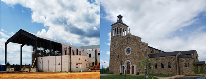 VAReadyMix's tweet photo. Where we started with St. John the Evangelist Catholic Church and where we are now. ICYMI, the church was built using insulated concrete forms (ICFs) but you'd never know it from the stone faΓ§ade! #BuildVirginiaStrong #icfs #chooseconcrete https://t.co/R5V0qMYX1g