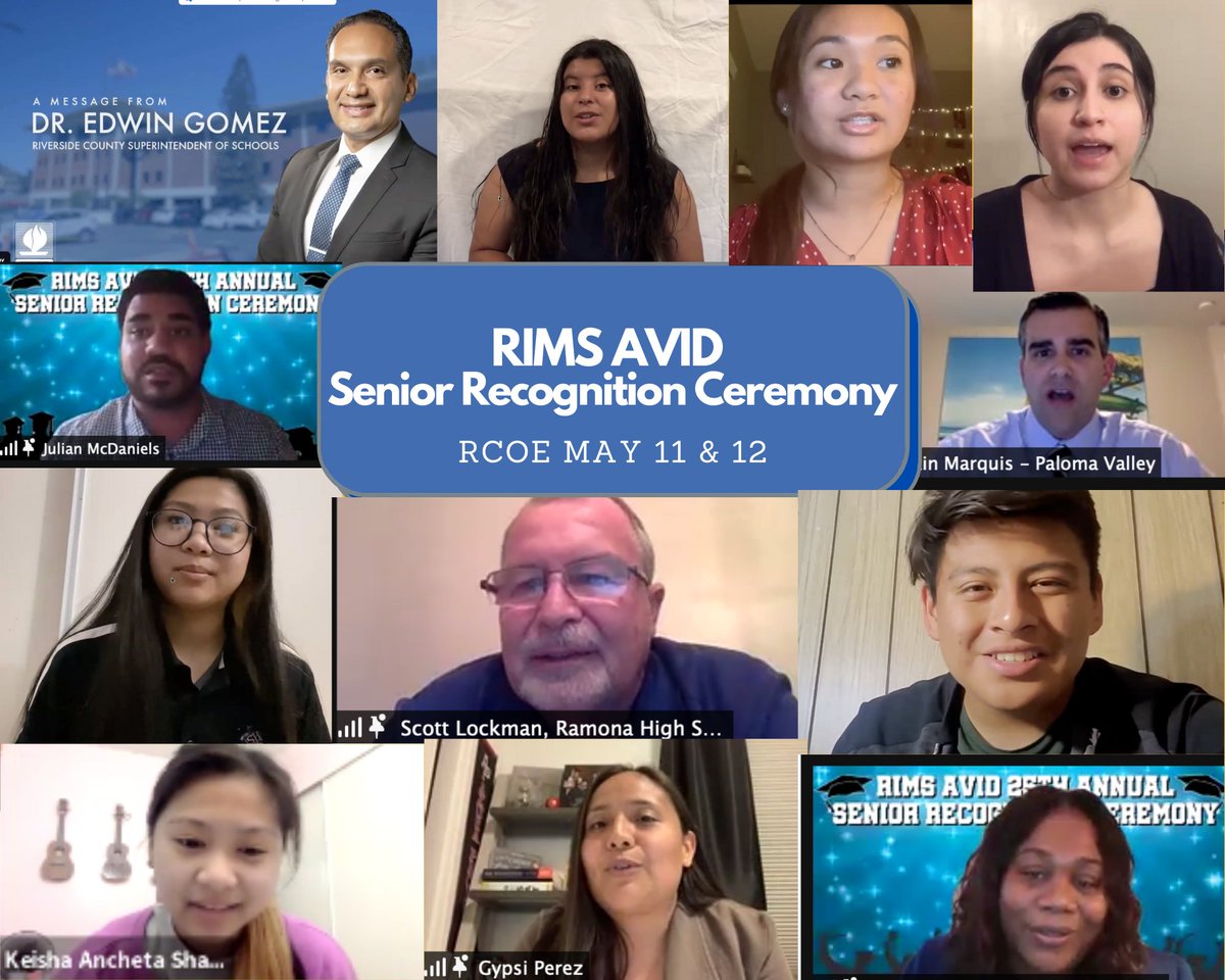 RIMSAVID's tweet photo. Thanks to everyone for attending Nights #1 &amp; 2 of the RIMS AVID Senior Rec Ceremonies for our @RCOE  schools.   Over the past two nights we celebrated hundreds of 2021 AVID graduates as they prepare to set off for college and career.  Congrats Seniors!! https://t.co/nOUDGlw24e