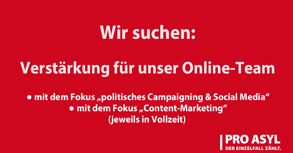 ProAsyl's tweet photo. Wir bauen ein kleines Online-Team auf und suchen motivierte Mitstreiter*innen, die gemeinsam mit uns für die Rechte von Geflüchteten kämpfen! Dazu haben wir zwei Stellen ausgeschrieben und freuen uns über Bewerbungen. Alle Infos:
https://t.co/TqqgqiDyjA
#jobs4good #jobsuche https://t.co/4RRGXM70nP
