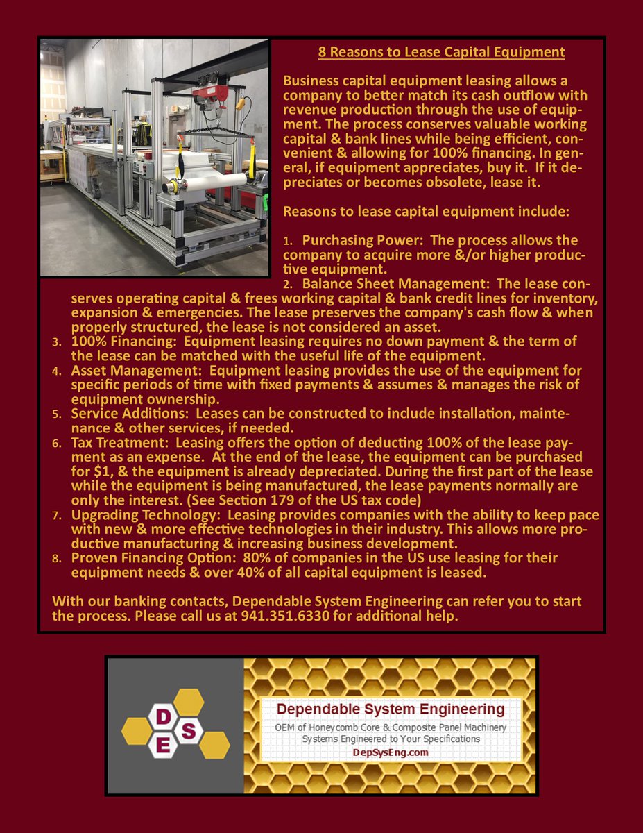 DepSysEng's tweet image. 8 Reasons to #LeaseEquipment
#CapitalEquipmentLeasing,#Depreciation, #Appreciation, #BankingAndFinance, #BusinessFinances, #InvestmentPlanning, #FinanceOptions, #LoanServices, #OperatingCapital, #WorkingCapital, #BankCreditLine, #CashFlow, #TaxCode, #DependableSystemEngineering