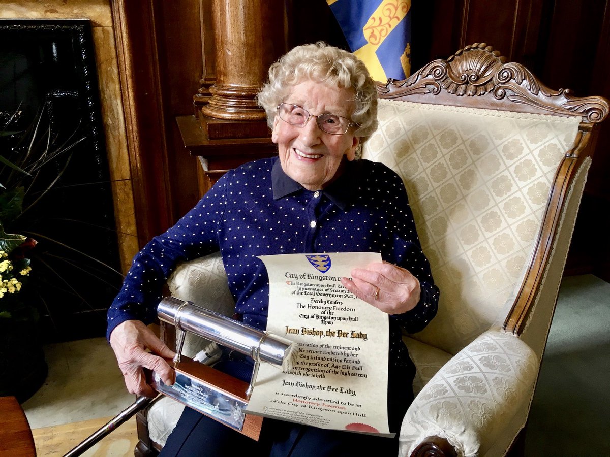 mbillingtonitv's tweet photo. A huge happy birthday to #Hull’s one and only bee lady Jean Bishop. 99 years young today. 🐝 Many happy returns Jean 🎂 🎁 🎉 @itvcalendar https://t.co/HvlNPlLYN9